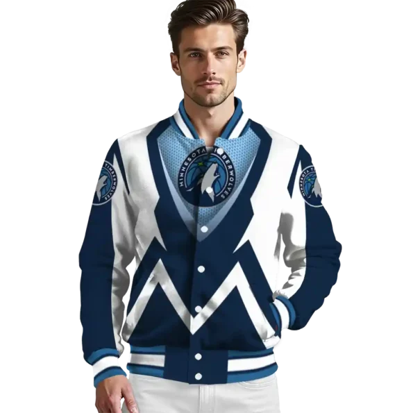 custom minnesota timberwolves v stripes midnight blue white varsity jacket high quality.webp