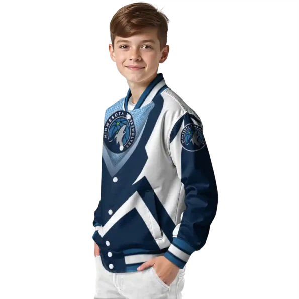 custom minnesota timberwolves v stripes midnight blue white varsity jacket trendy.webp