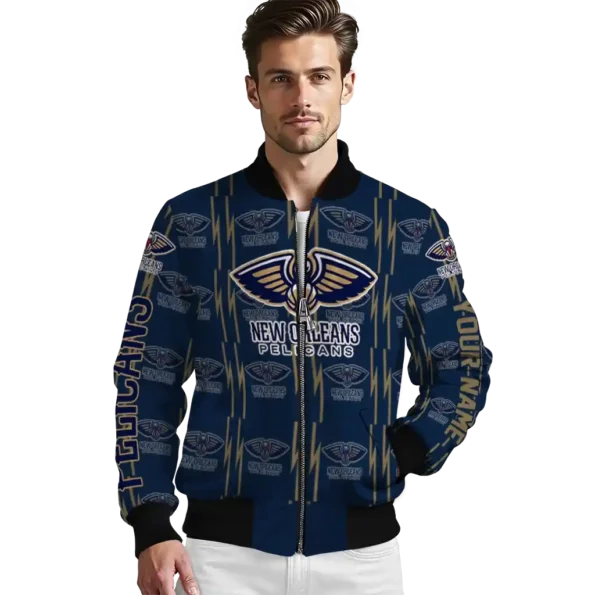 custom new orleans pelicans bolt stripe navy bomber jacket high quality