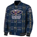 custom new orleans pelicans bolt stripe navy varsity jacket best selling.webp