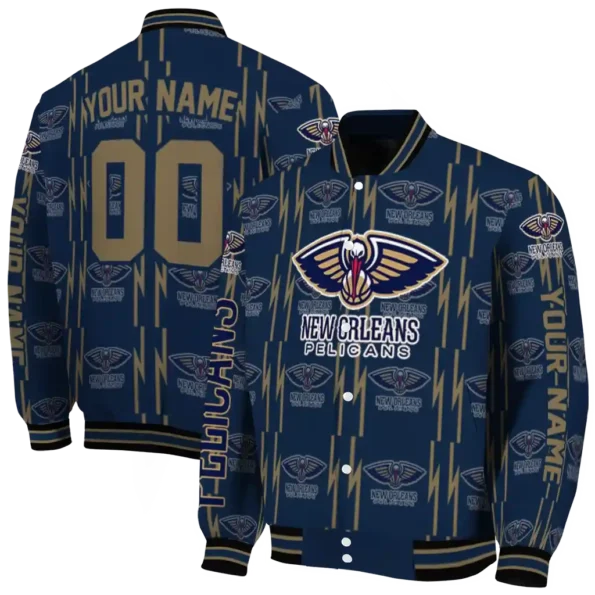 custom new orleans pelicans bolt stripe navy varsity jacket fashion forward.webp