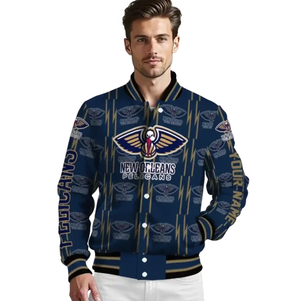 custom new orleans pelicans bolt stripe navy varsity jacket high quality.webp