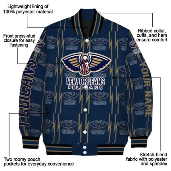 custom new orleans pelicans bolt stripe navy varsity jacket new arrival.webp