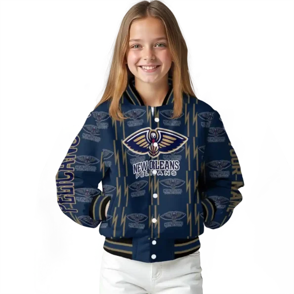 custom new orleans pelicans bolt stripe navy varsity jacket top rated.webp