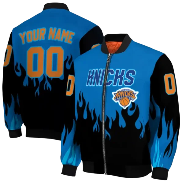 custom new york knicks flame border blue black bomber jacket fashion forward