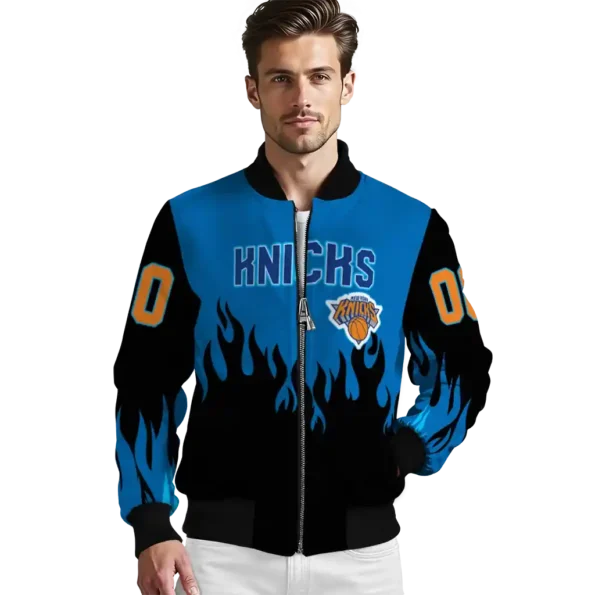 custom new york knicks flame border blue black bomber jacket high quality