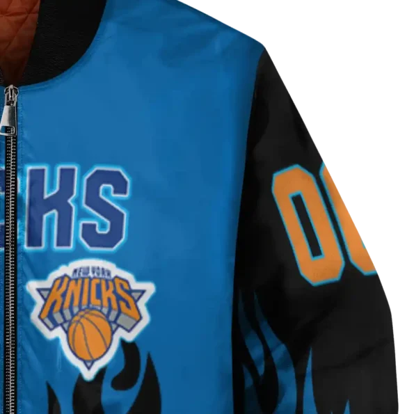 custom new york knicks flame border blue black bomber jacket premium grade