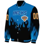 custom new york knicks flame border blue black varsity jacket best selling.webp