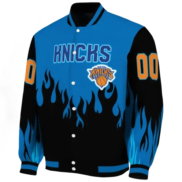 custom new york knicks flame border blue black varsity jacket best selling.webp