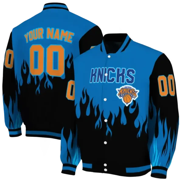 custom new york knicks flame border blue black varsity jacket fashion forward.webp