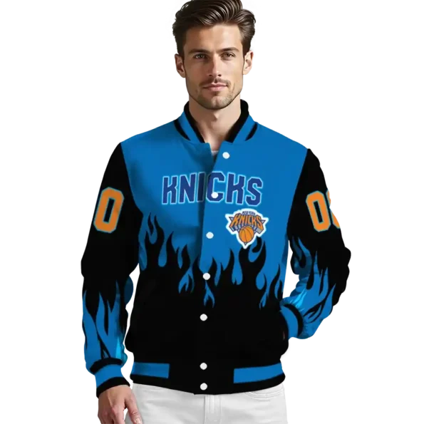 custom new york knicks flame border blue black varsity jacket high quality.webp