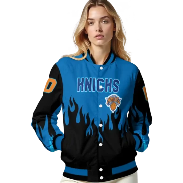 custom new york knicks flame border blue black varsity jacket latest model.webp