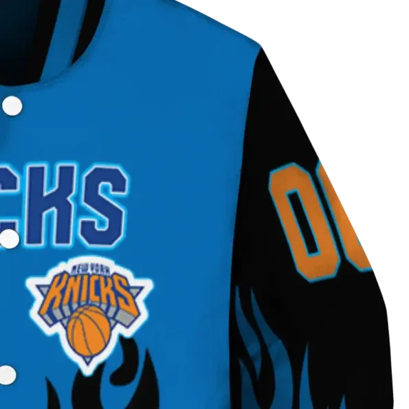 custom new york knicks flame border blue black varsity jacket premium grade.webp