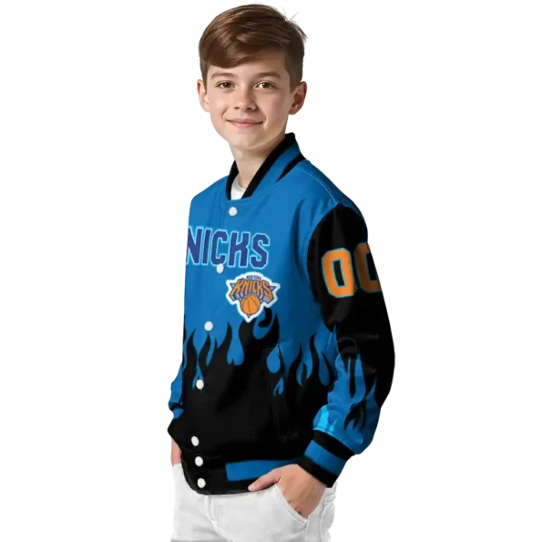custom new york knicks flame border blue black varsity jacket trendy.webp