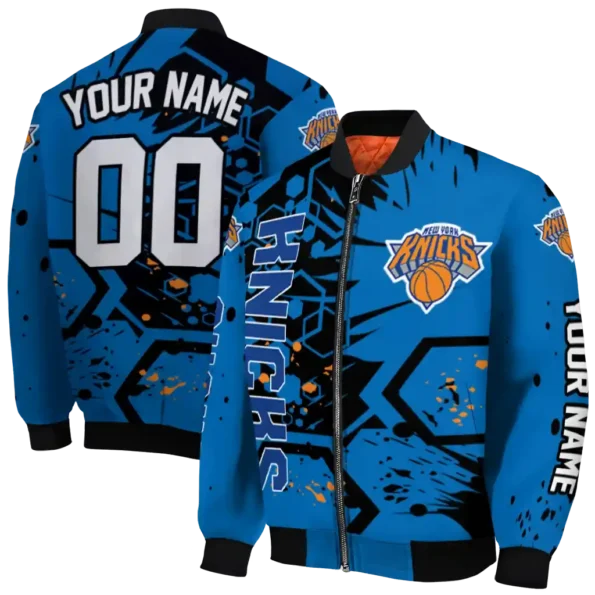 custom new york knicks hexagon cluster blue black bomber jacket fashion forward