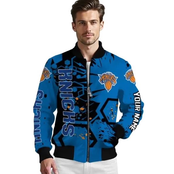 custom new york knicks hexagon cluster blue black bomber jacket high quality