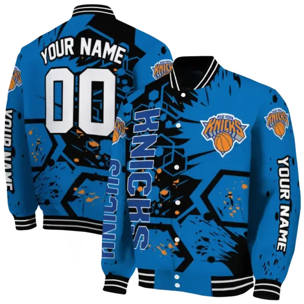 custom new york knicks hexagon cluster blue black varsity jacket fashion forward.webp