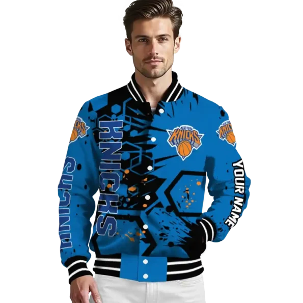 custom new york knicks hexagon cluster blue black varsity jacket high quality.webp