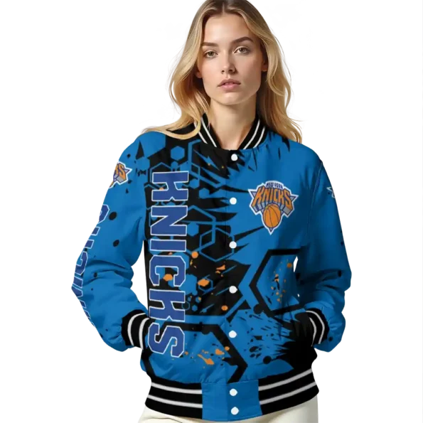 custom new york knicks hexagon cluster blue black varsity jacket latest model.webp