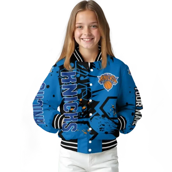 custom new york knicks hexagon cluster blue black varsity jacket top rated.webp