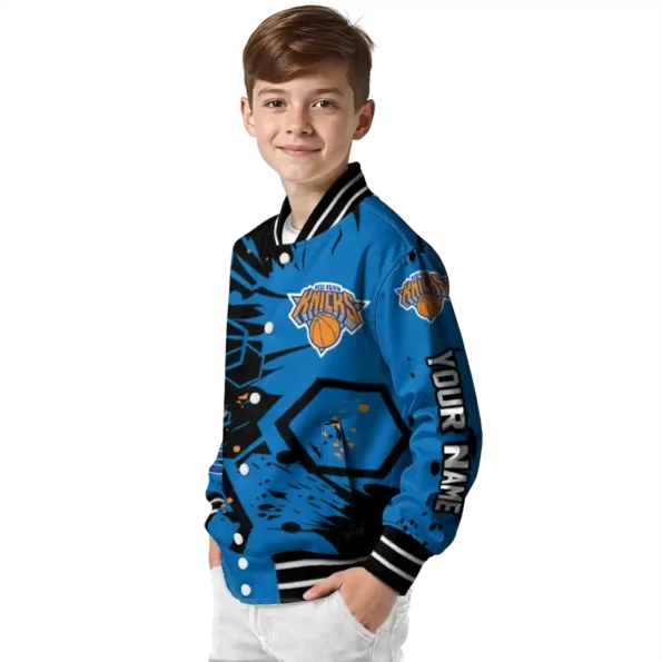 custom new york knicks hexagon cluster blue black varsity jacket trendy.webp