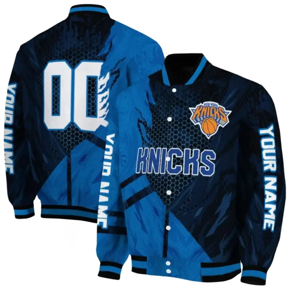 custom new york knicks hexagon mesh blue black varsity jacket fashion forward.webp