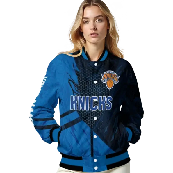 custom new york knicks hexagon mesh blue black varsity jacket latest model.webp