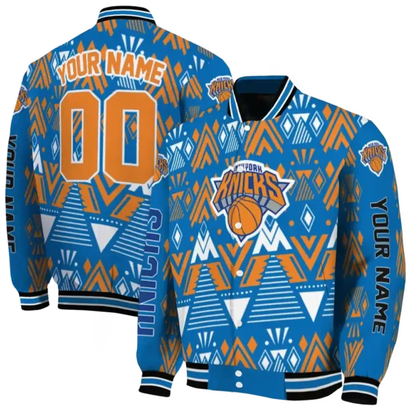 custom new york knicks pyramid shapes blue varsity jacket fashion forward.webp
