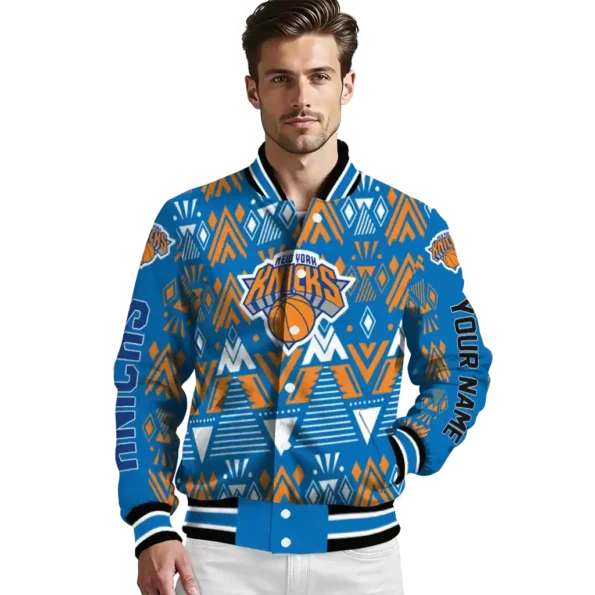 custom new york knicks pyramid shapes blue varsity jacket high quality.webp