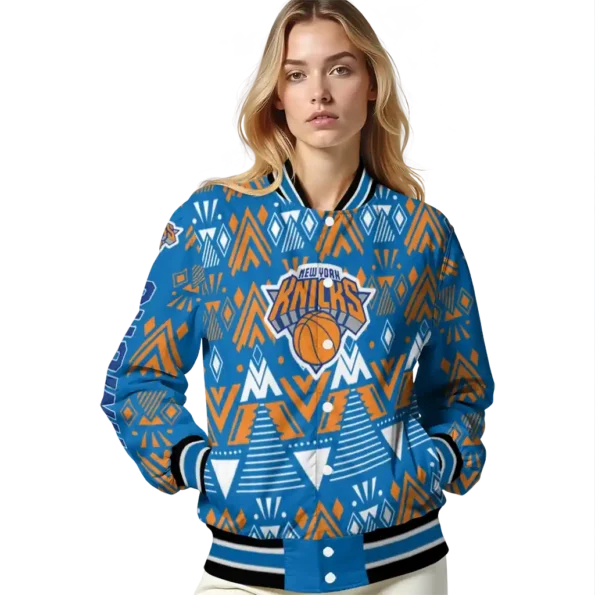 custom new york knicks pyramid shapes blue varsity jacket latest model.webp