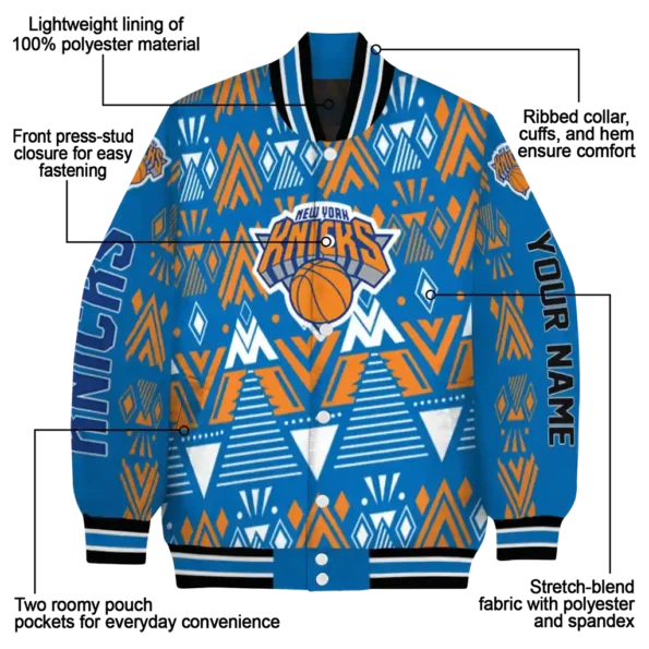 custom new york knicks pyramid shapes blue varsity jacket new arrival.webp