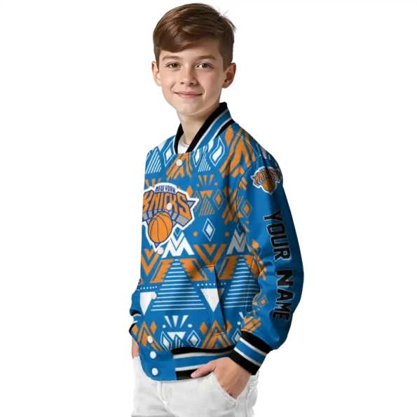 custom new york knicks pyramid shapes blue varsity jacket trendy.webp