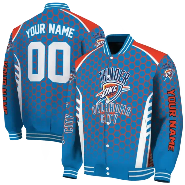 custom oklahoma city thunder hexagon grid blue varsity jacket fashion forward.webp