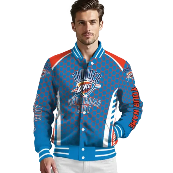 custom oklahoma city thunder hexagon grid blue varsity jacket high quality.webp
