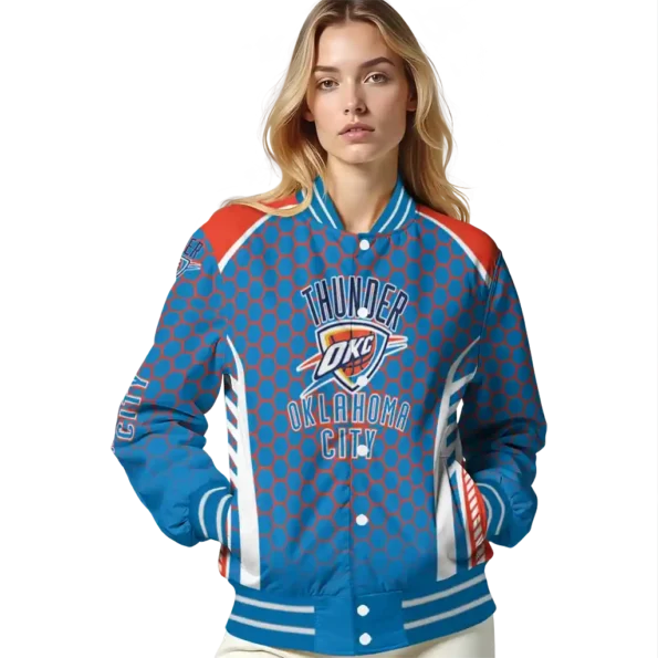 custom oklahoma city thunder hexagon grid blue varsity jacket latest model.webp