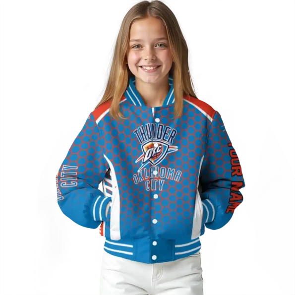 custom oklahoma city thunder hexagon grid blue varsity jacket top rated.webp