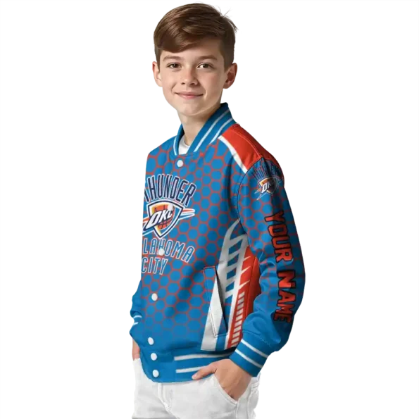 custom oklahoma city thunder hexagon grid blue varsity jacket trendy.webp
