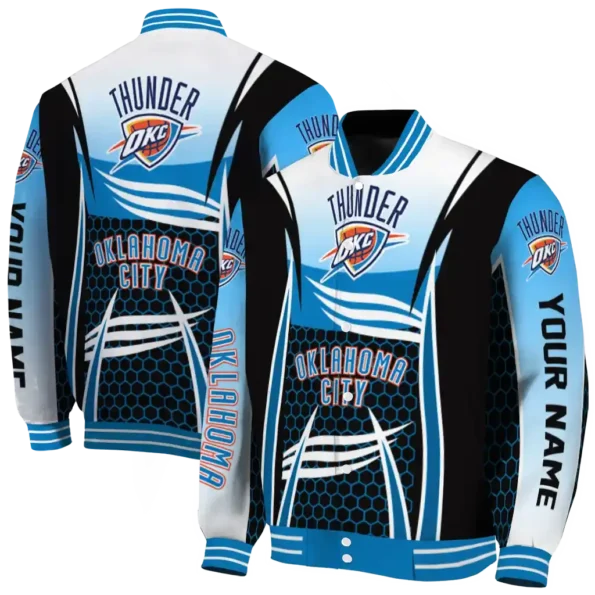 custom oklahoma city thunder mesh effect blue black varsity jacket fashion forward.webp