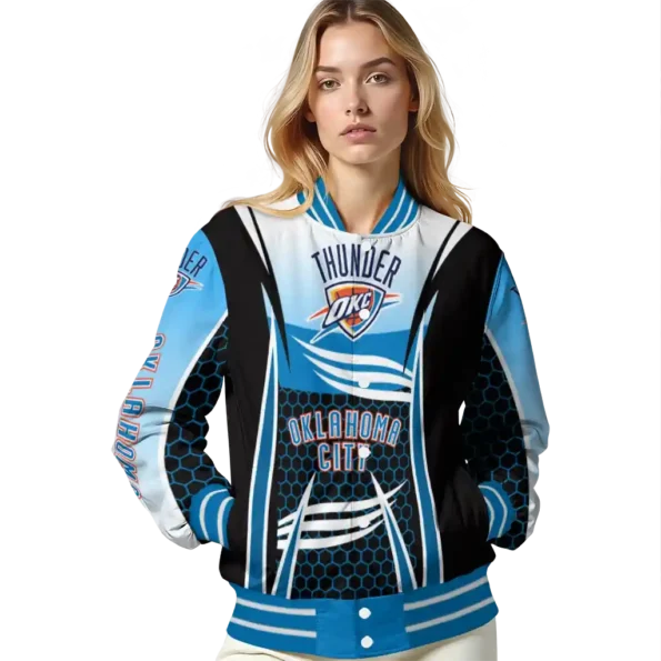 custom oklahoma city thunder mesh effect blue black varsity jacket latest model.webp