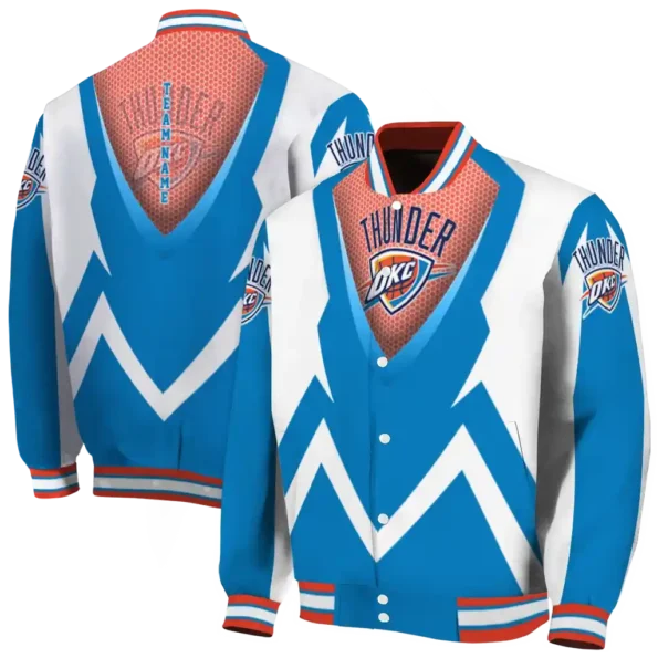 custom oklahoma city thunder v stripes blue white varsity jacket fashion forward.webp