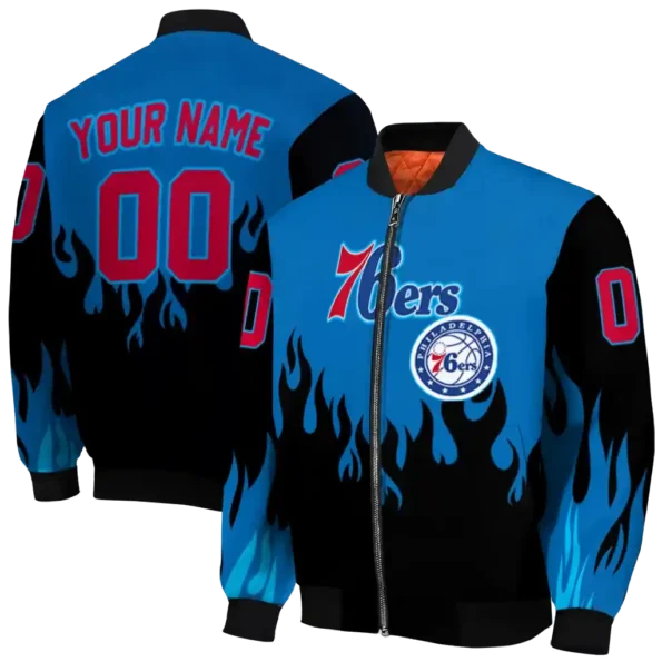 custom philadelphia 76ers flame border blue black bomber jacket fashion forward