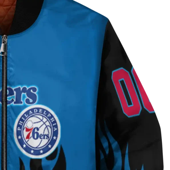 custom philadelphia 76ers flame border blue black bomber jacket premium grade