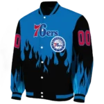 custom philadelphia 76ers flame border blue black varsity jacket best selling.webp