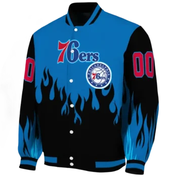 custom philadelphia 76ers flame border blue black varsity jacket best selling.webp