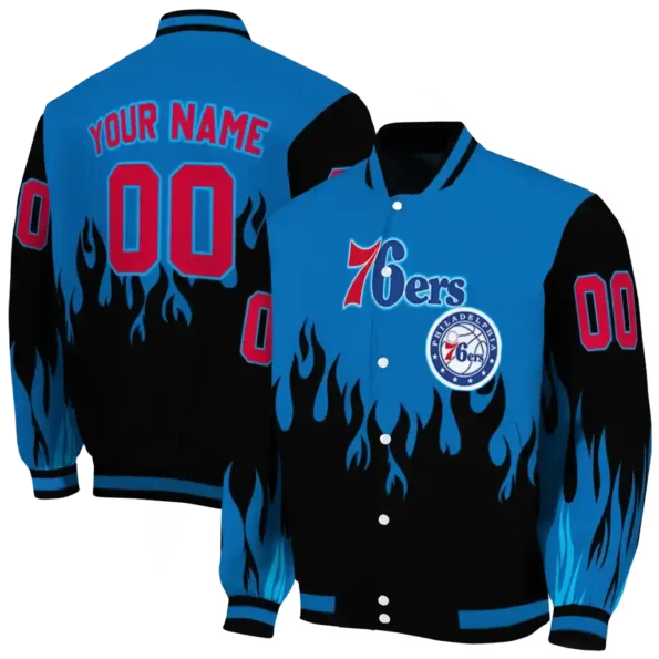 custom philadelphia 76ers flame border blue black varsity jacket fashion forward.webp