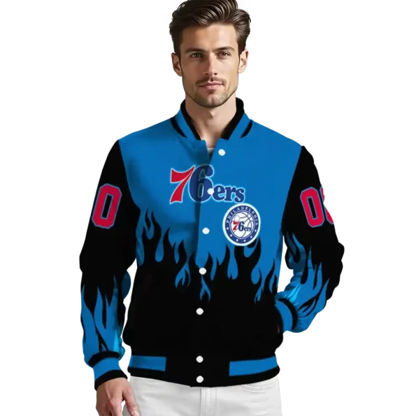 custom philadelphia 76ers flame border blue black varsity jacket high quality.webp