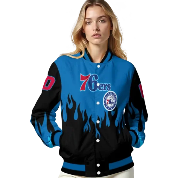 custom philadelphia 76ers flame border blue black varsity jacket latest model.webp