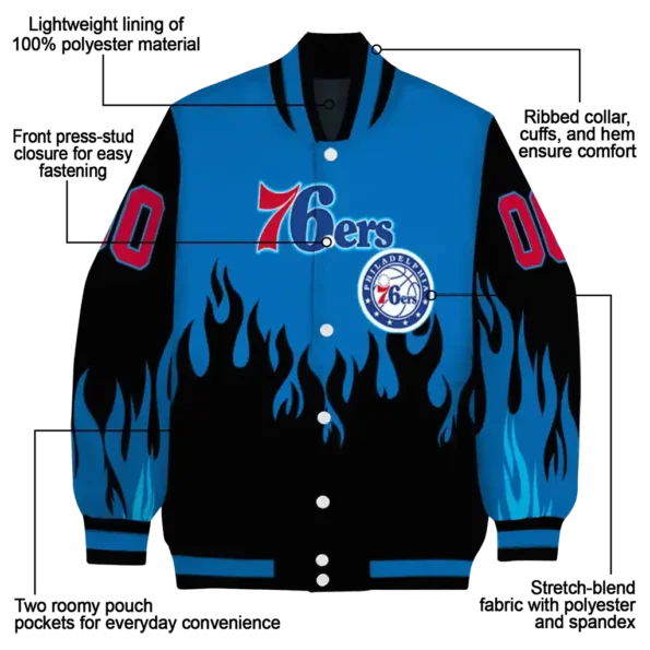 custom philadelphia 76ers flame border blue black varsity jacket new arrival.webp