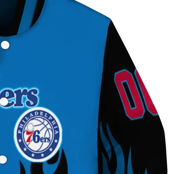 custom philadelphia 76ers flame border blue black varsity jacket premium grade.webp