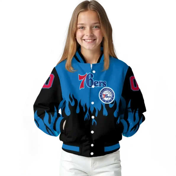 custom philadelphia 76ers flame border blue black varsity jacket top rated.webp
